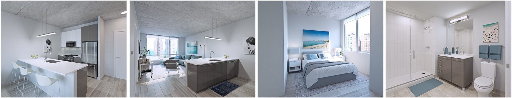 Interior renderings of the brand-new Lakeview apartments at Viridian on Sheridan.