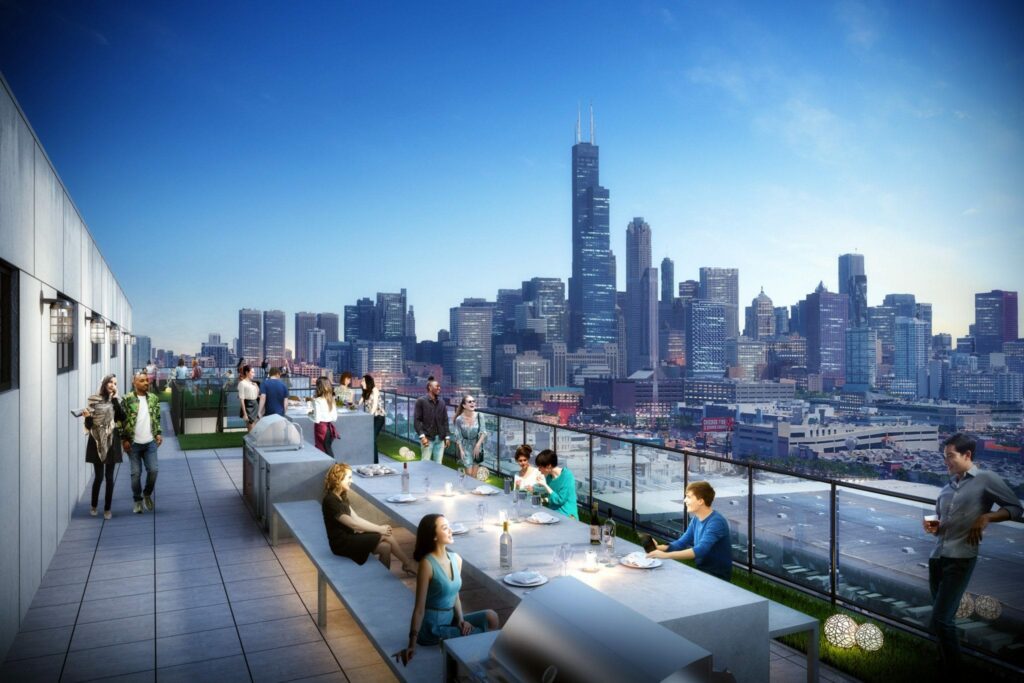 The rooftop deck at X Chicago offers skyline views, grills, picnic tables, and lounge spaces.